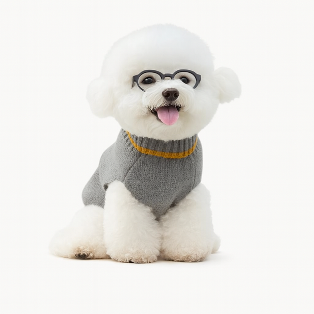 Klassischer Strickpullover für Hunde & Katzen – Grau mit gelben Akzenten