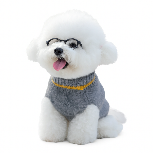 Klassischer Strickpullover für Hunde & Katzen – Grau mit gelben Akzenten